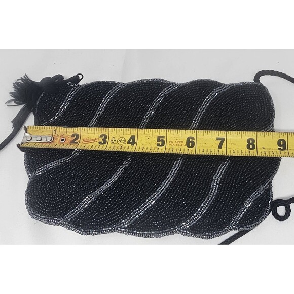 Vintage Hand Beaded Silver Black Linear Design Shoulder Crossbody Evening Bag - Picture 10 of 14